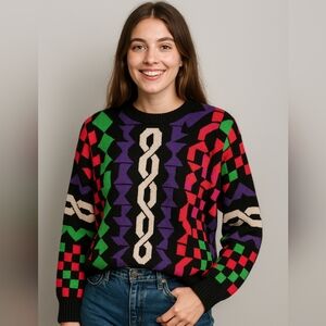 Vintage Jamie‎ Scott 80s Retro Colorful Disco Womens Pullover Sweater Size MD